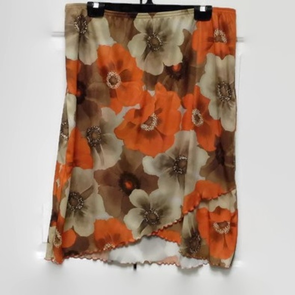 Mind Games Dresses & Skirts - Orange Brown Floral Hi-Lo Scalloped Hem Skirt